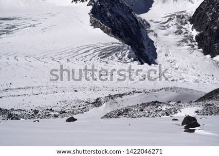 Glacier in the Altai mountains. Trail in the snow.