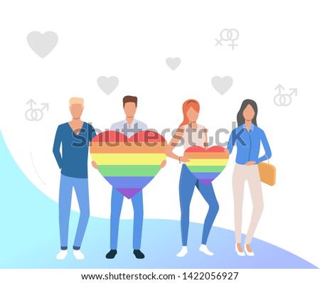 People holding rainbow hearts. Gay and lesbian couple with LGBT symbols. Homosexuality concept. Vector illustration can be used for topics like LGBTQ, pride, diversity