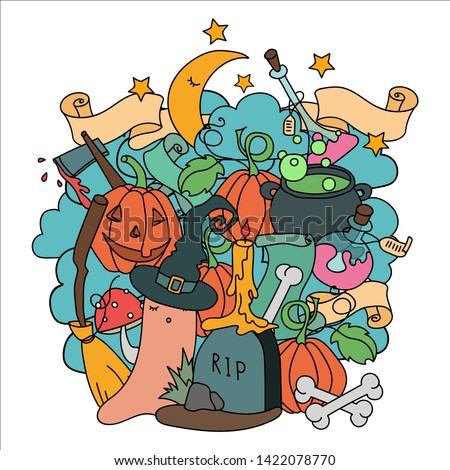 Halloween colorful art in doodle style. Cartoon Halloween decorations, ghost, witch hat, kettle, broomstick, pumpkin and etc. Easy to change color, separated objects.