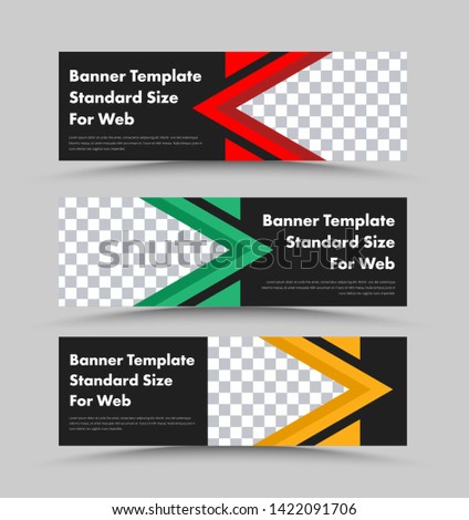 Black vector horizontal web banners template with place for photo and color triangular design elements. Set for advertising, the standard size.