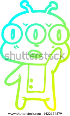 cold gradient line drawing of a cartoon three eyed alien waving