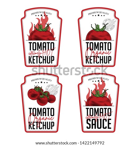 Tomato ketchup, sauce badge label design set. Vector hand drawn illustration of tomatoes in engraving technique. Vintage shield form templates for tomato sauce packaging.  Royalty-Free Stock Photo #1422149792