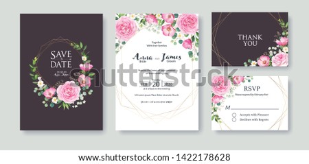 Wedding Invitation, save the date, thank you, rsvp card Design template. Vector. Summer flower, pink rose, silver dollar, Wax flower.