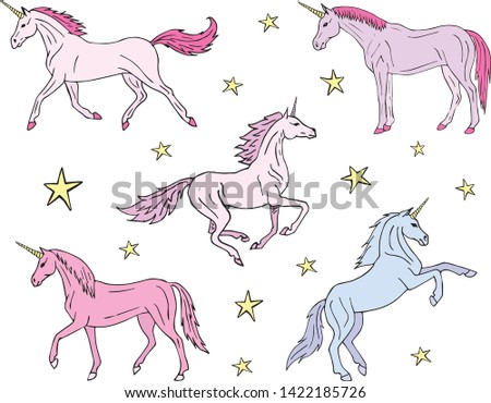 Vector hand drawn doodle sketch pastel set collection of different pose unicorn isolated on white background 
