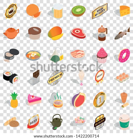 Dietary icons set. Isometric style of 36 active style vector icons for web for any design