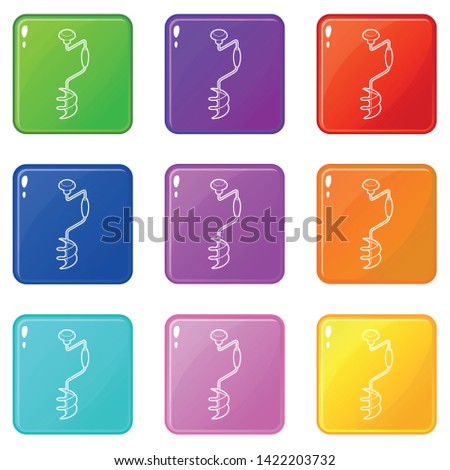 Hand fishing ice drill icons set 9 color collection isolated on white for any design