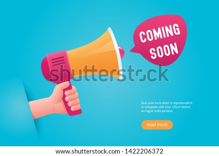 Comming soon concept. Hand holding a megaphone. Cartoon vector illustration Royalty-Free Stock Photo #1422206372