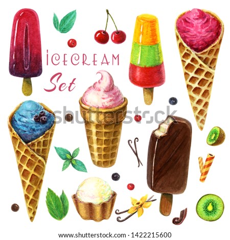 Watercolor ice cream cliparts with berries, fruits and mint leaves. ice berry. sundaes berries and fruits. realistic sundaes illustration. Ice cream set isolated on white background. hand drawn ice