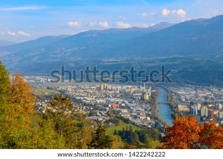 Wide angle aerial panorama of most popular Austrian city and capital of Innsbruck, Austria