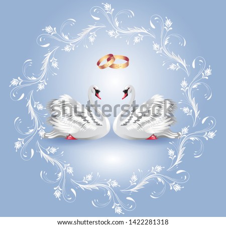 Decorative card with two white swans and round vintage luxurious ornament and golden rings for invitations or congratulations with wedding or engagement