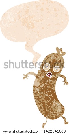 cartoon sausage with speech bubble in grunge distressed retro textured style