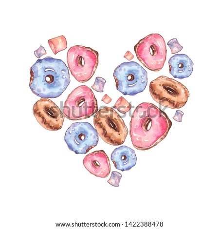 Watercolor illustration background heart sweet cute bright donuts with chocolate, pink and heavenly icing and marshmallow. Hand drawn isolated on white background.