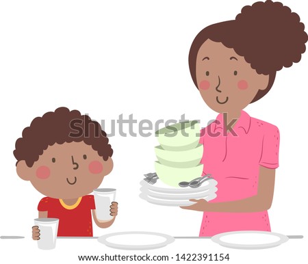 Illustration of an African American Kid Boy Helping with Household Chores, Setting the Table with His Mother
