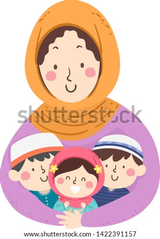 Illustration of a Girl Mother Wearing Hijab Hugging Her Kids Wearing Taqiyah and Hijab