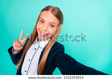 Close up photo beautiful amazing yelling she her little lady hands arms v-sign symbol make take selfies wear formalwear shirt blazer jacket school form isolated bright teal turquoise background