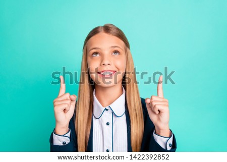 Close up photo beautiful she her little lady  hand arm fingers indicate up empty space low prices school supply stuff wear formalwear shirt blazer school form isolated bright teal turquoise background