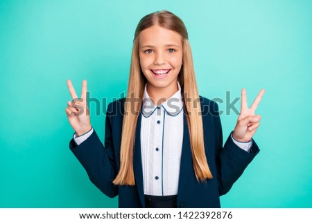 Close up photo beautiful she her little lady funky funny long hairdo hand arm raised v-sign positive say hi classmate wear formalwear shirt blazer school form isolated bright teal turquoise background