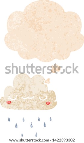 cartoon storm cloud with thought bubble in grunge distressed retro textured style