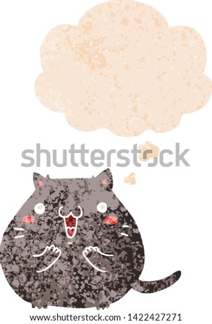 happy cartoon cat with thought bubble in grunge distressed retro textured style