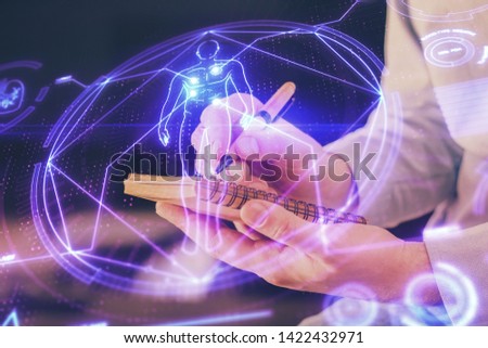 Man's hands working with notes background. Scientist checklist or entry data, research and experiment concept.