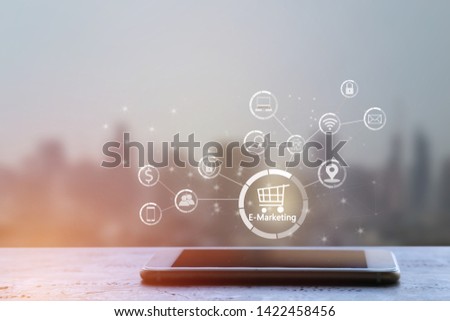 social media mobile on abstract city background with copy space. Communication concept. Double exposure