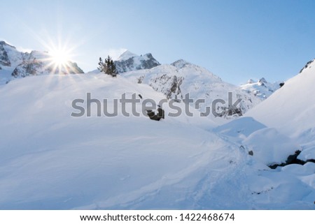 Swiss Alps in Winter Scenery Graubünden Pontresina snow showeing hiking cross country skiing on sunny day Royalty-Free Stock Photo #1422468674