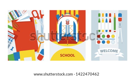 Back to school cards background with school supplies set, vector illustration. Backpack with items for studying. Accessories for art classes. Background banner, flyer, invitation, brochure, poster.