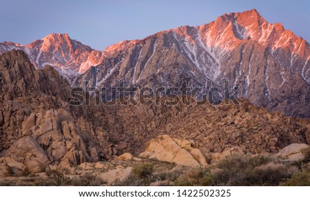 Alpenglow on the tip of Lone Pine Peak from the Alabama Hills. 