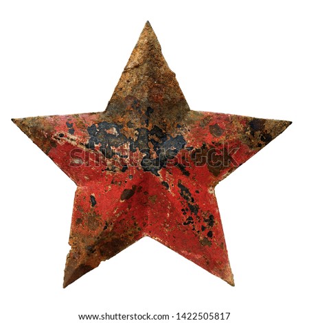 Isolated objects: very old rusty red five-pointed star, on white background