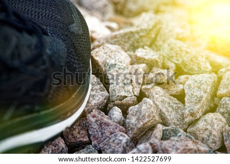 Running shoes before practice. Trail running shoes in a park, close-up sneakers. Sport active outdoor lifestyle concept. Horizontal photo banner for website header design. Sun beam lights.