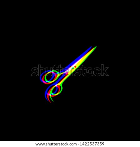 Hair cutting scissors sign. Red, green and blue unfocused contour icon at black background. Illustration.