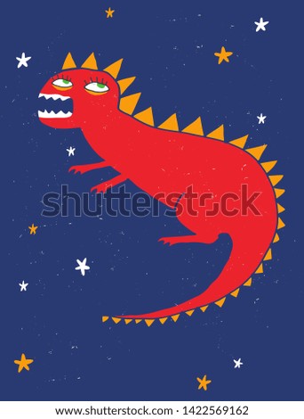 Hand Drawn Red Dragon Vector Illustration. Infantile Style Dino Poster. Red Scary Monster Isolated on a Starry Night Background.Funny Grunge Halloween Design for Card, Poster, Invitation. 