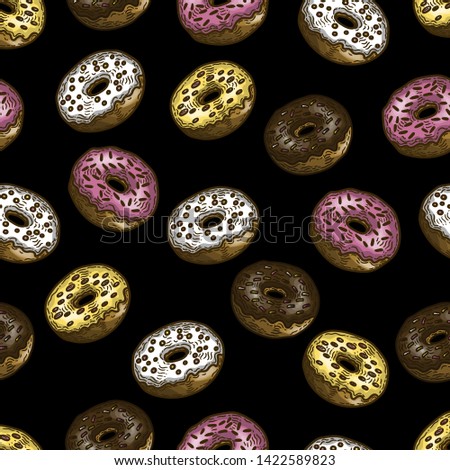 Vector hand drawn colorful seamless pattern of donuts in the engraving style on black background.	
