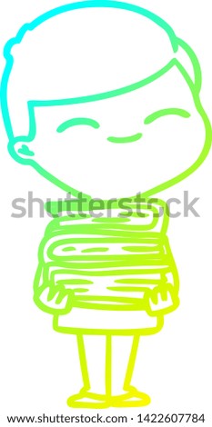 cold gradient line drawing of a cartoon smiling boy with stack of books