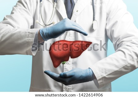 Image of a doctor in a white coat and liver above his hands. Concept of healthy liver and donation. Royalty-Free Stock Photo #1422614906