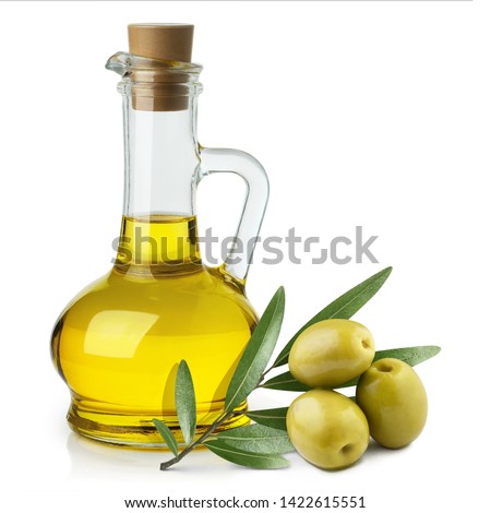 Delicious olive oil in a glass bottle and green olives with leaves, isolated on white background Royalty-Free Stock Photo #1422615551