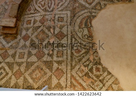 Ancient Mosaic floor. Roman mosaic located in archaeological site in the city of Plovdiv, Bulgaria. Roman mosaic in the oldest city in Europe