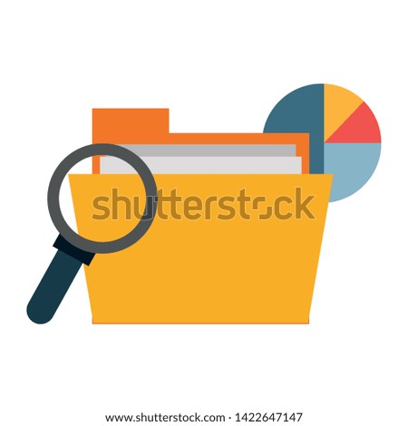 Office and business technology symbols folder with magnifying glass and statistics graph vector illustration graphic design