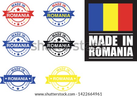 Made in Romania collection of ribbon, label, stickers, badge, icon and page curl with Romania flag symbol. Vector illustration isolated on white background.  Stamp with Made in Romania text.