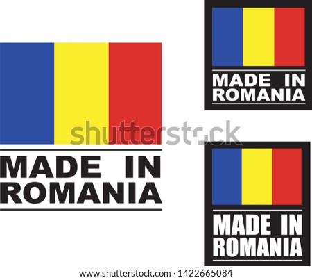 Made in Romania collection of ribbon, label, stickers, badge, icon and page curl with Romania flag symbol. Vector illustration isolated on white background.  Stamp with Made in Romania text.