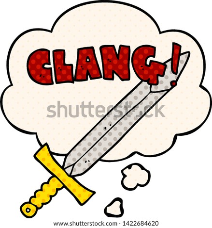 cartoon clanging sword with thought bubble in comic book style