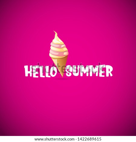 vector hello summer concept illustration with fresh melt cone ice cream and text on pink background. summer party poster or background