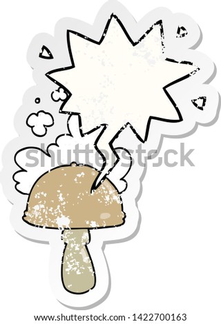 cartoon mushroom with spore cloud with speech bubble distressed distressed old sticker