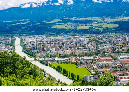 Aerial scenic view of Inns river and Innsbruck city centre, Innsbruck is the capital city of Tyrol in western Austria