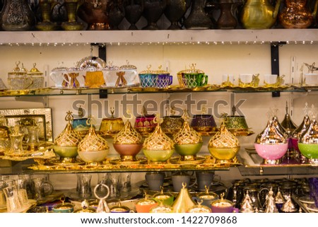 Colorful Ottoman style cups, pots and objects on display