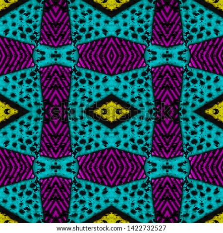 Geometric embroidery. Bohemian seamless print. Aztec watercolor background. Indian ornament. Spring textile texture. Black, gold, purple, cyan, green geometric embroidery.