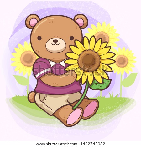 Character cartoon set of Bear with sunflower, Teddy Bear, Character cartoon design - Vector