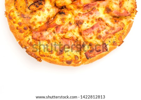Pizza slice top view isolated on white background, with onions, bacon and cherry tomatoes, thin pastry crust, closeup with copy space and text
