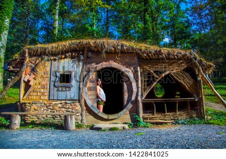 Pregnant woman in cute small wooden house in the forest. Symbols of love, relationship, saint valentine, pregnancy, wedding, engagement