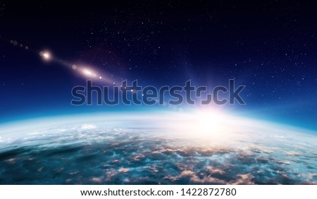Sunrise on planet orbit, space beauty Royalty-Free Stock Photo #1422872780